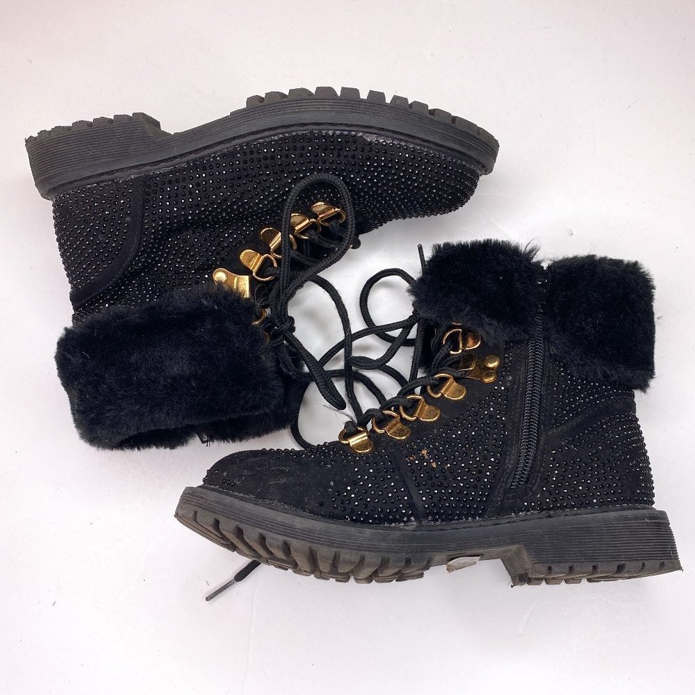 Report Emery girl's size 1 faux fur zip and tie black rhinestone boots.